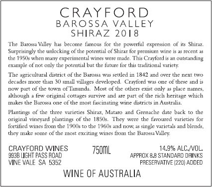Crayford Shiraz back label