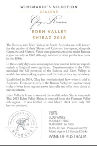 Eden Valley Shiraz back label