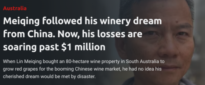 Lin Meiqin was a successful importer of Australian red wine to China in his home province, Fujian, before migrating to Australia in 2012 and buying a Riverland vineyard (Sky Road Wine Estate) in 2015. Riding the red wine China boom, Riverland output peaked at two million bottles of red wine, all shipped to China. He is expecting zero income from the vineyard this year.